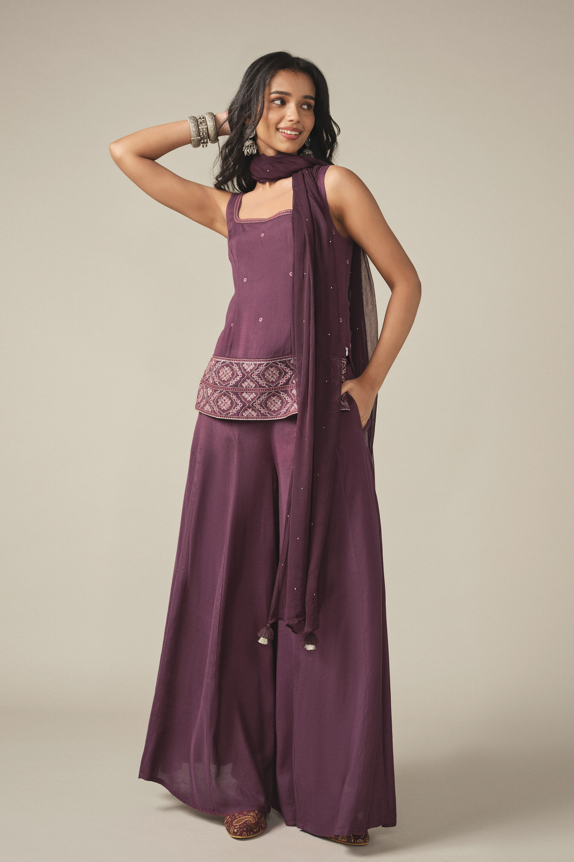 Embroidered Kurta Set in Wine, Wine, image 4